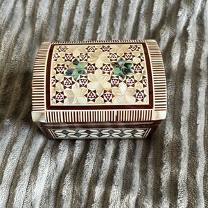 Mosaic Box From Egypt Vintage Mother Of Pearl/Bone Wood Inlay - Velvet Interior